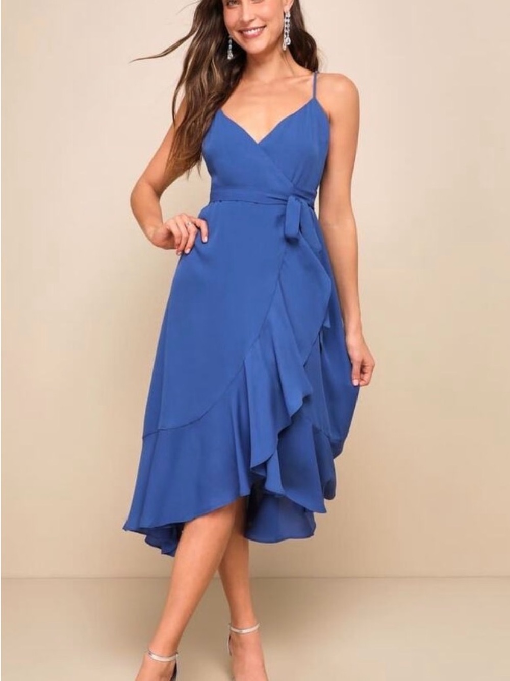 Lulus blue Spaghetti-Strap Ruffle Wrap Midi Dress